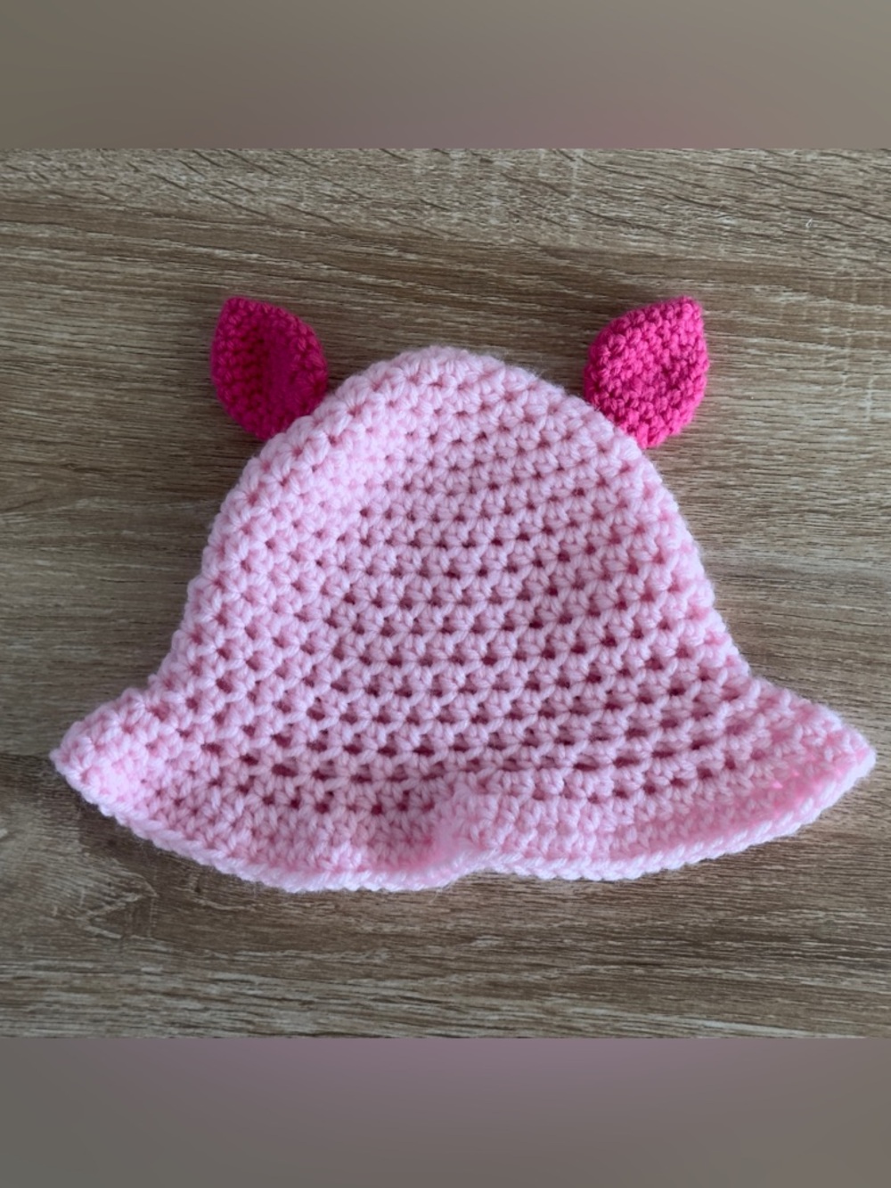 Handmade Pink Crochet Kids Hat with Dark Pink Ears